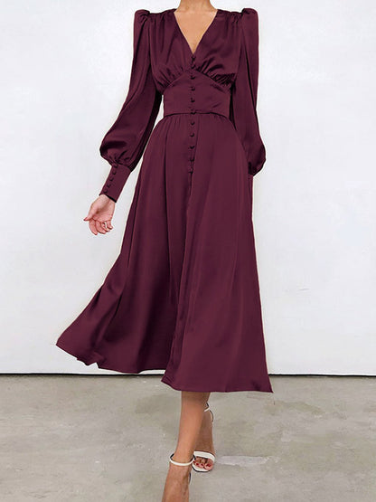 xakxx A-Line High Waisted Buttoned Pleated Solid Color V-Neck Midi Dresses