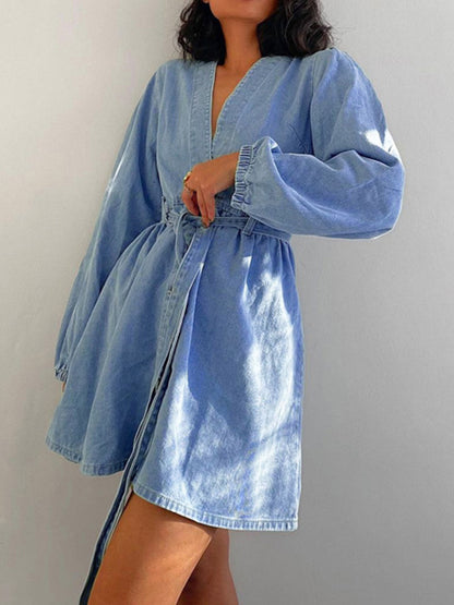 xakxx Long Sleeves Loose Split-Joint Tied Waist V-Neck Denim Mini Dresses