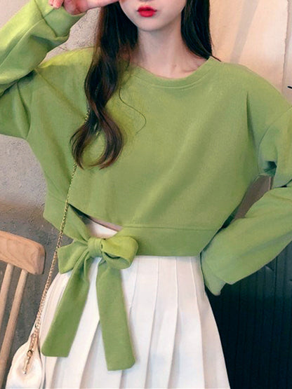 xakxx High Waisted Long Sleeves Asymmetric Bowknot Hollow Solid Color Round-Neck Sweatshirt Tops