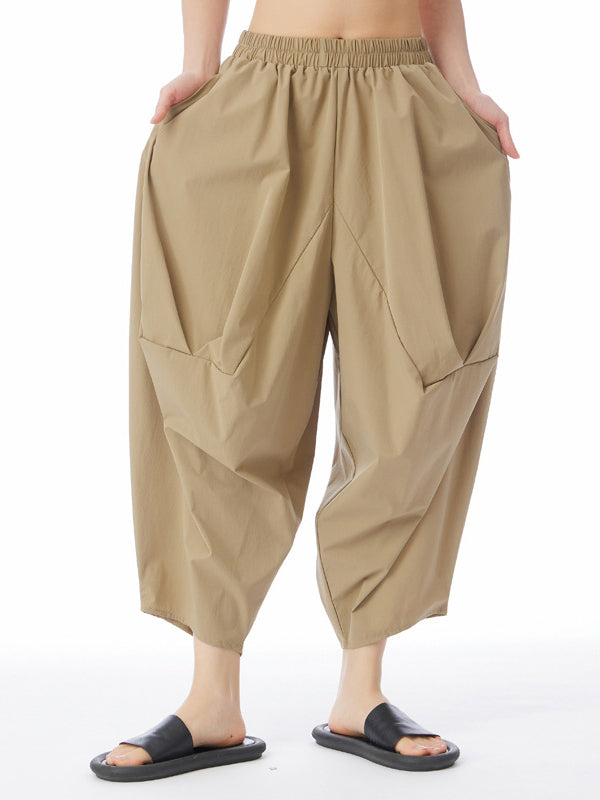 xakxx Harem Pants Loose Elasticity Pleated Solid Color Split-Joint Cropped Trousers Pants