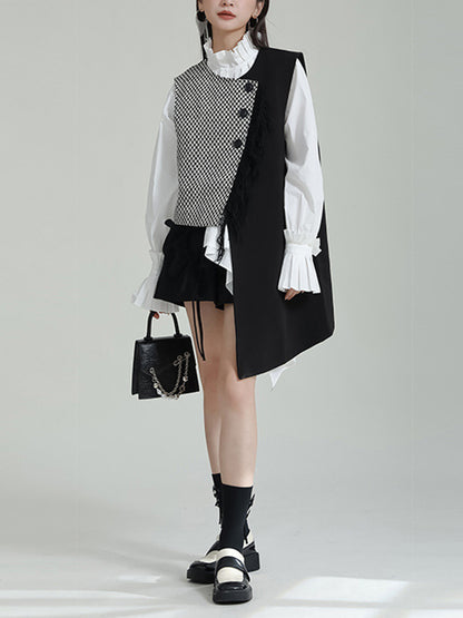 xakxx Ruffle Sleeves Sleeveless Asymmetric Buttoned Houndstooth Vest Outerwear