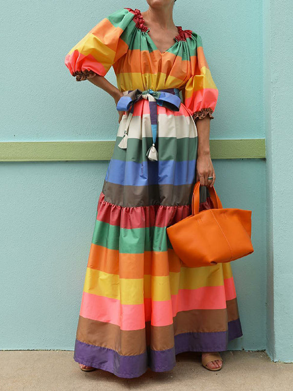 xakxx Puff Sleeves Belted Multi-Colored Split-Joint Striped V-Neck Maxi Dresses