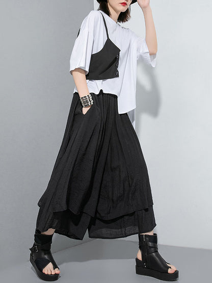 xakxx Loose Wide Leg Elasticity Solid Color Split-Joint Ninth Pants