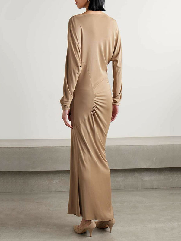 xakxx Long Sleeves Skinny Pleated Solid Color Split-Joint Round-neck Maxi Dresses