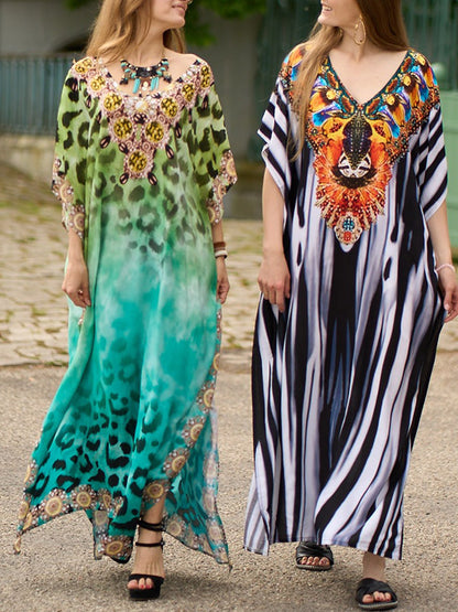 xakxx Batwing Sleeves Loose Printed Split-Side Striped V-Neck Beach Cover-Up Maxi Dresses