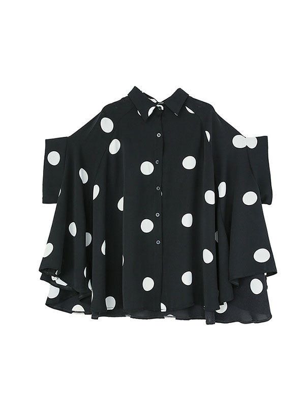 xakxx Batwing Sleeves High-Low Polka-Dot Lapel Blouses&Shirts Tops