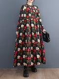 xakxx A-Line Long Sleeves Buttoned Flower Print Split-Joint Round-Neck Midi Dresses