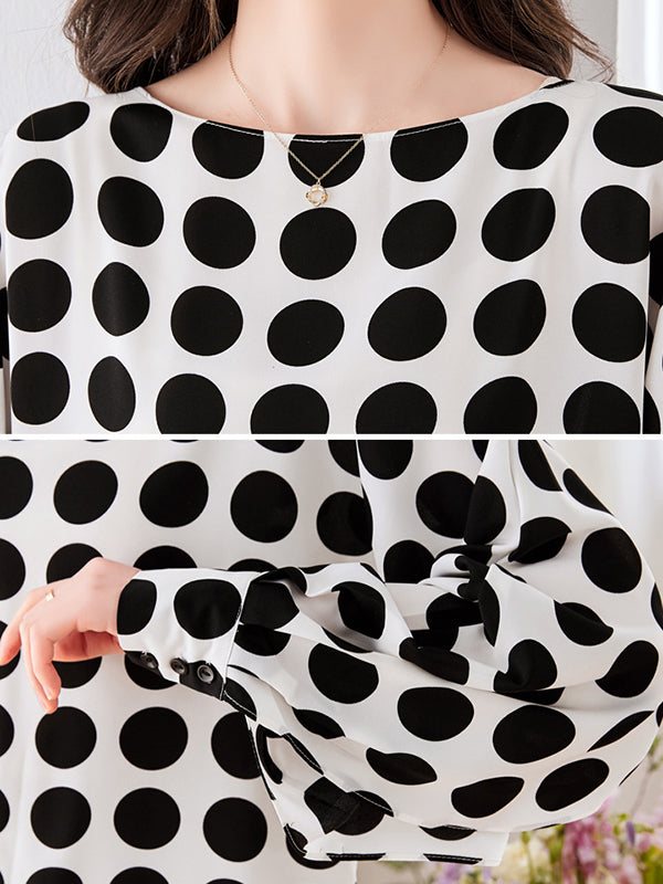 xakxx Long Sleeves Loose Polka-Dot Round-Neck Blouses&Shirts Tops