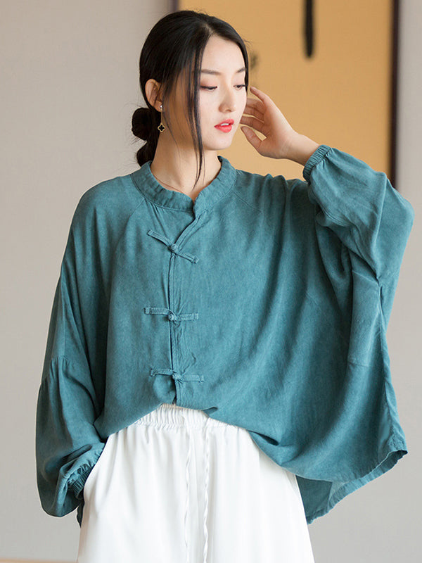 xakxx Artistic Retro Loose Long Sleeves Buttoned Solid Color Stand Collar Blouses&Shirts Tops