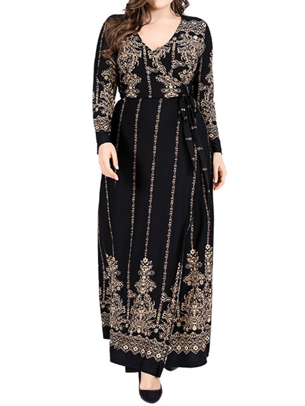 xakxx Long Sleeves Floral Printed Split-Joint V-Neck Maxi Dresses Plus Dresses