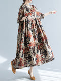 xakxx Loose Puff Sleeves Floral Printed Round-Neck Midi Dresses