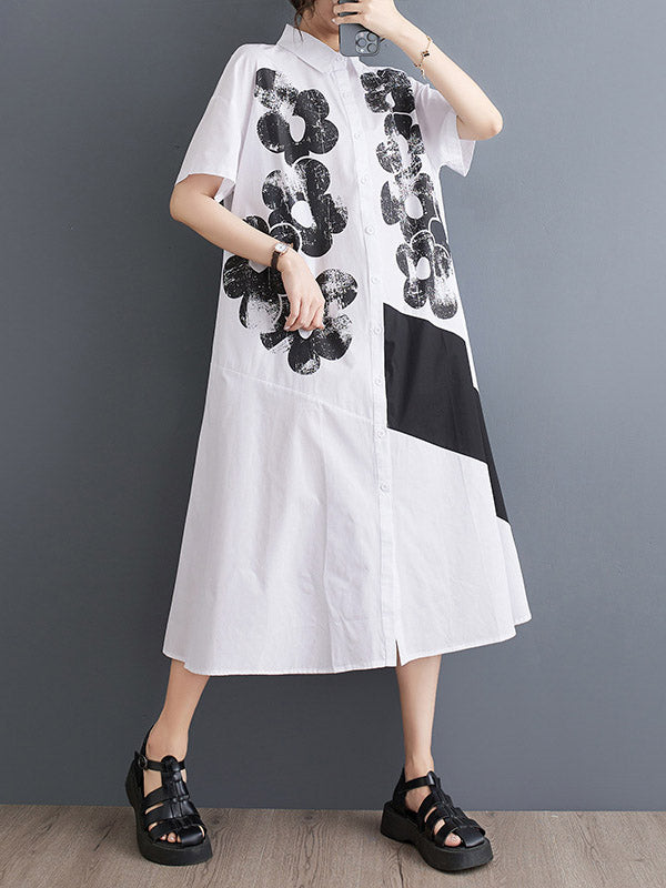 xakxx A-Line Loose Asymmetric Buttoned Flower Print Lapel Midi Dresses Shirt Dress