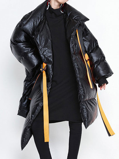 xakxx Long Sleeves Loose Asymmetric Keep Warm Tied Velvet High Neck Padded Coat Padded Coat/Down Coat