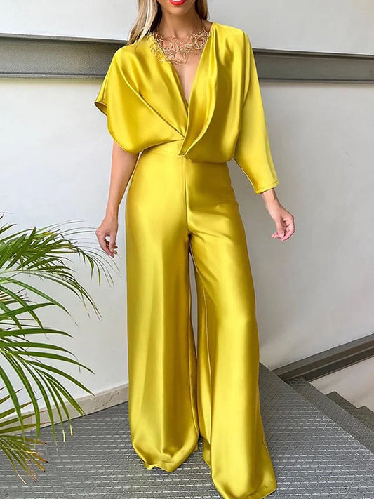 xakxx Asymmetric Solid Color Deep V-Neck Jumpsuits