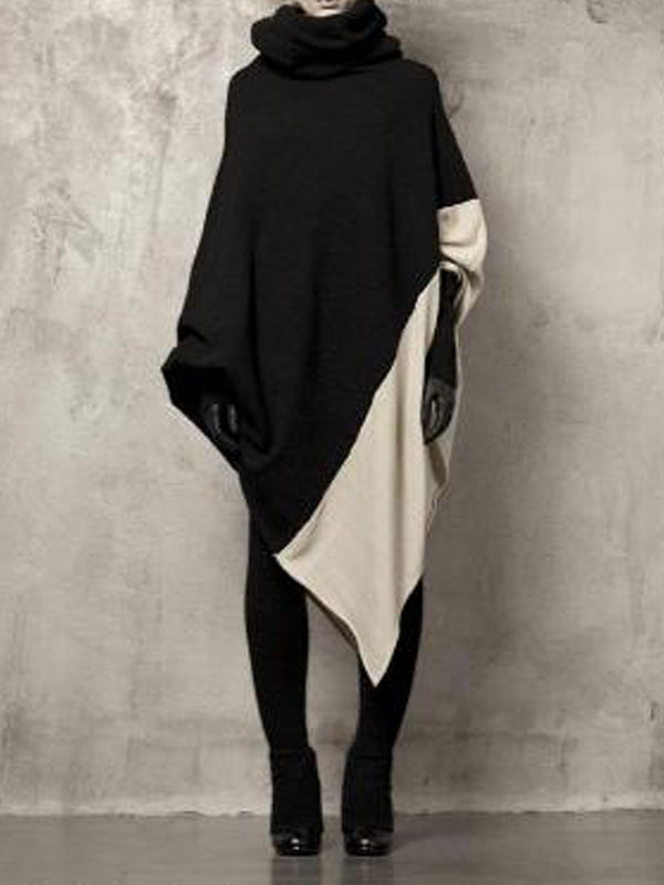 xakxx Batwing Sleeves Asymmetric Contrast Color Split-Joint Heaps Collar Sweatshirt Tops