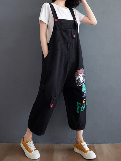 xakxx Original Cartoon Printed Puff Denim Overalls