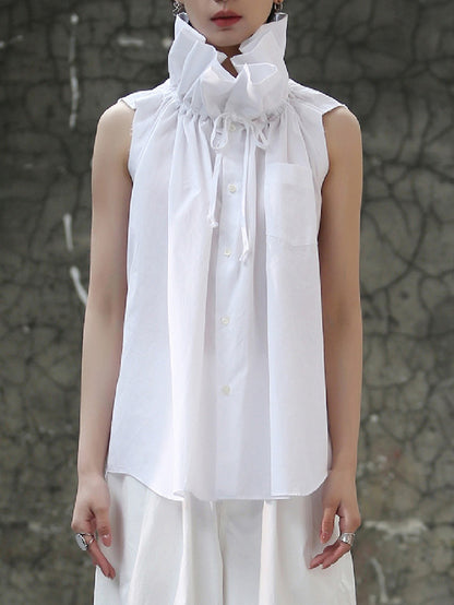 xakxx Sleeveless Pleated Solid Color Statement Collar Blouses&Shirts Tops