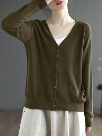 xakxx Long Sleeves Loose Solid Color V-Neck Cardigan Tops