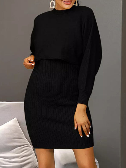 xakxx Long Sleeves Solid Color Round-Neck Sweater Top + Inner Dress Two Pieces Set