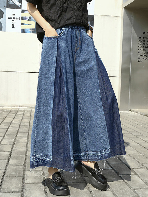 xakxx Loose Wide Leg Elasticity Fringed Pleated Jean Pants Bottoms