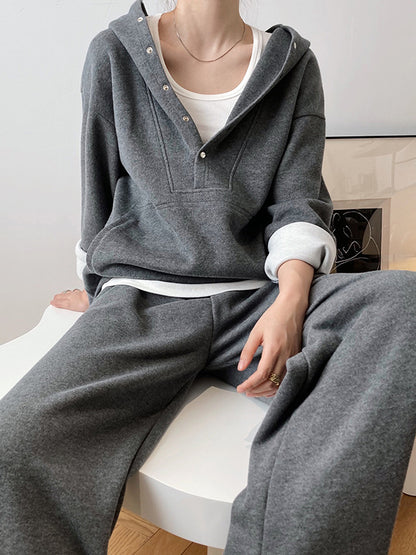 xakxx Loose Long Sleeves Split-Joint Hoodies + Elasticity Solid Color Pants Trousers Two Pieces Set