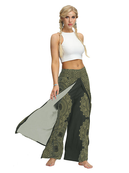 xakxx Ethnic Printed Split-Joint Loose Casual Wide-Leg Yoga Pants