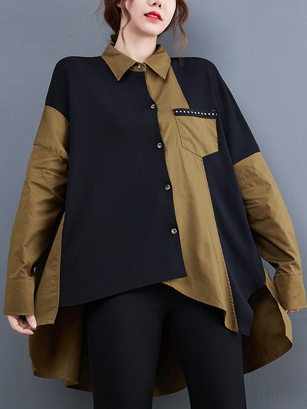 xakxx Artistic Retro Loose Split-Joint With Pocket Buttoned Lapel Collar Long Sleeves False Two Blouse