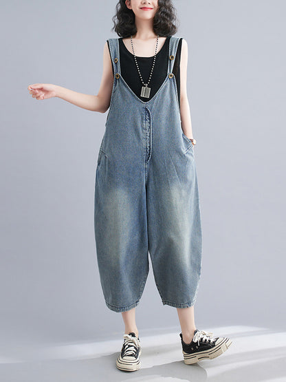 xakxx Cropped Loose Denim Buttoned Overalls