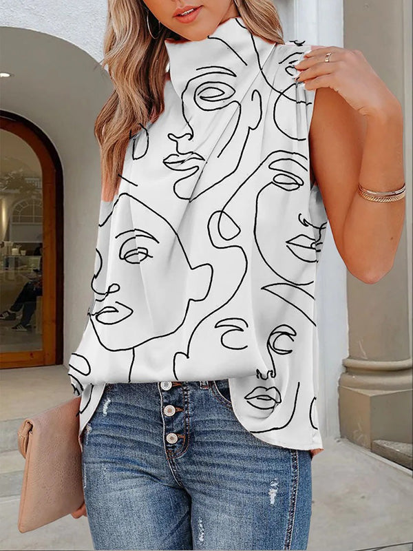 xakxx Casual Sleeveless Printed High-Neck Vest Top