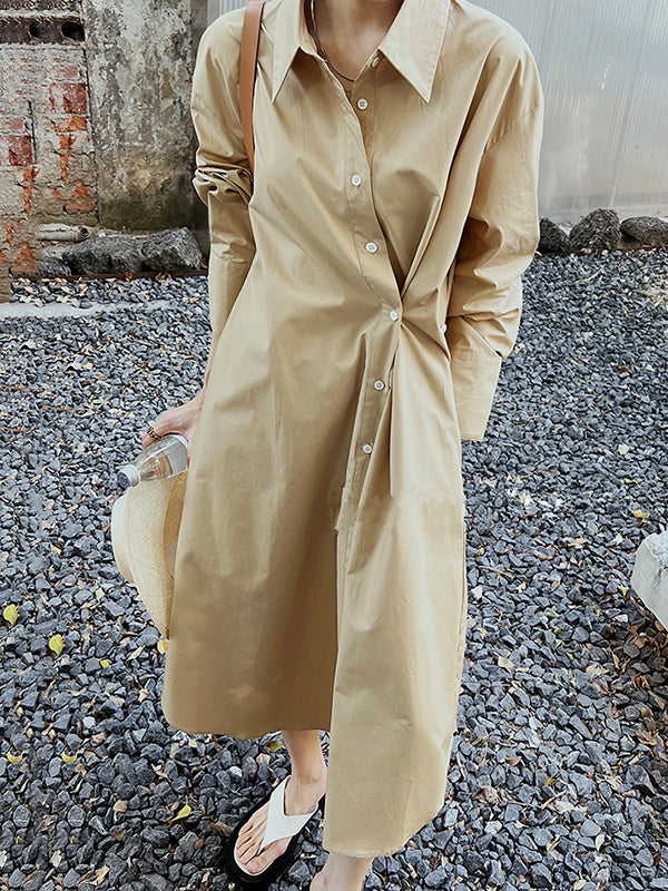 xakxx Long Sleeves Loose Asymmetric Solid Color Lapel Shirt Dress