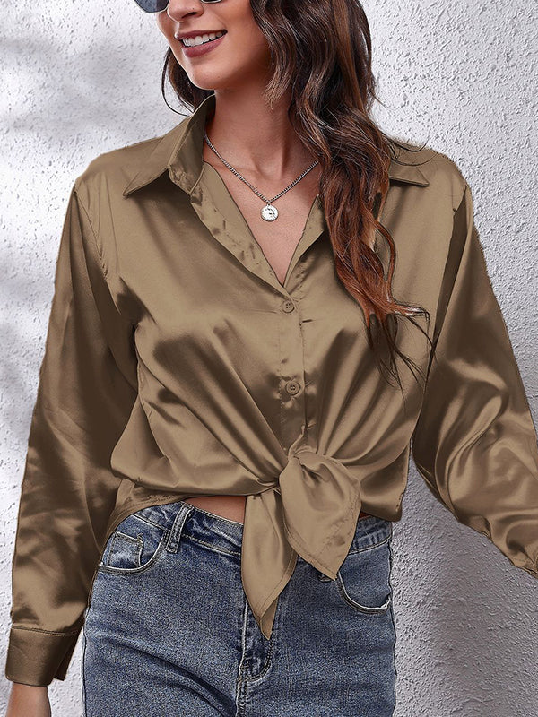 xakxx Long Sleeves Loose Solid Color Lapel Blouses&Shirts Tops