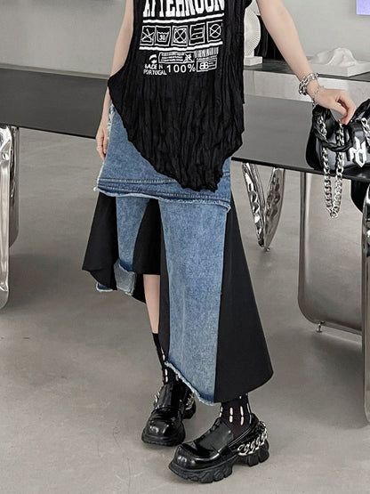 xakxx Asymmetric Contrast Color Fringed Pleated Split-Joint Skirts