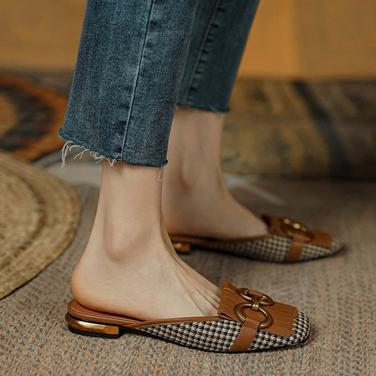 xakxx Fall Outfit Women's Slippers Retro Houndstooth Tassel Casual Shoes For Woman Summer Outdoor Ladies Slides Metal Buckle Low Heel Sandals