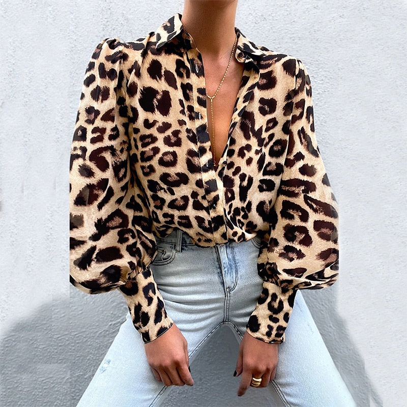 xakxx Autumn outfits  Autumn Puff Sleeve Shirts Blouse Women Floral/Leopard Long Sleeve Lapel Buttons Vintage Shirts Elegant Blouses Tops Female