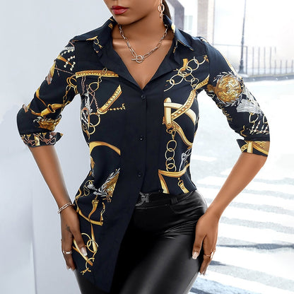 xakxx Women Fashion Shirt Lady Long Sleeve Blouse Turn-Down Collarbutton Design Chain Print Casual Shirts