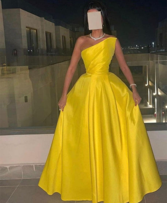 Graduation Prom Vintage One Shoulder Satin Evening Dresses With Pockets Long Yellow Custom Made فساتين السهرة Party Prom Gown for Women