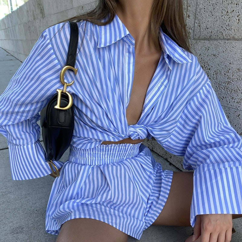 xakxx summer dresses for women  Fashion Casual Striped Blouse Shirts And Shorts Matching Set Loose Shirt Sleeve Top Outfits Summer Women Set