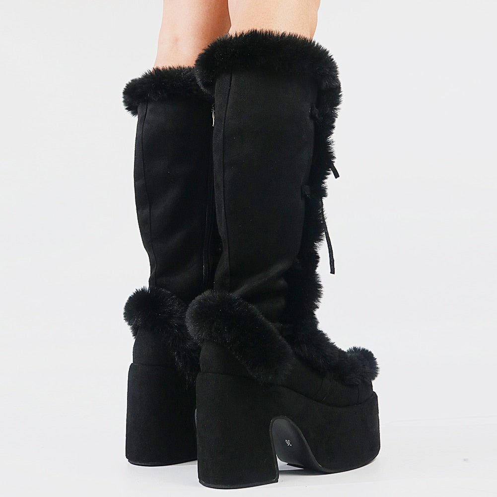 xakxx Winter Fur Big Size 43 Black Brwon Gothic Chunky Boots High Heel Chunky Heels Platform Keep Warm Boots Shoes Women