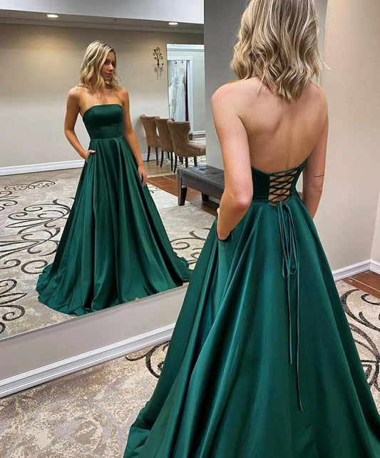 xakxx Long Satin Green Prom Dresses with Pockets Strapless Maxi Corset Back Formal Evening Homecoming Party Gowns