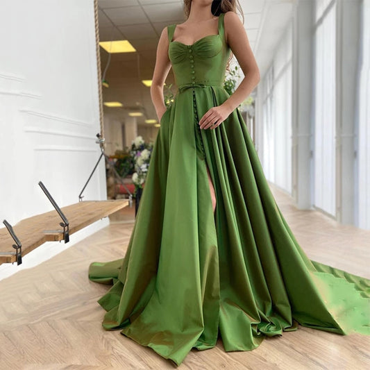 xakxx Green Satin Prom Dresses Sweetheart Sleeveless Spaghetti Straps Side Split Formal Evening Party Gowns Vestidos De Fiesta Custom