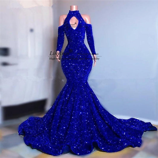 xakxx  Royal Blue Mermaid Prom Dresses With Sequins Elegant Long Sleeves Formal Evening Gowns Off Shoulder Robe De Soiree