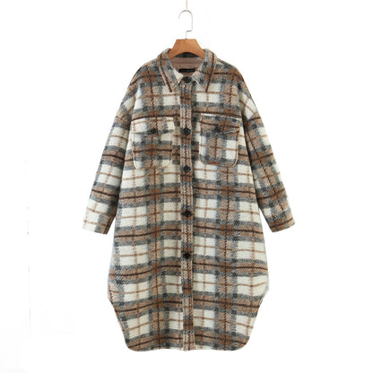 xakxx New Autumn Winter Women Thick Vintage Plaid Long Wool Coat Casual Oversize Shirt Jacket Loose Warm Outwear Overcoats Female