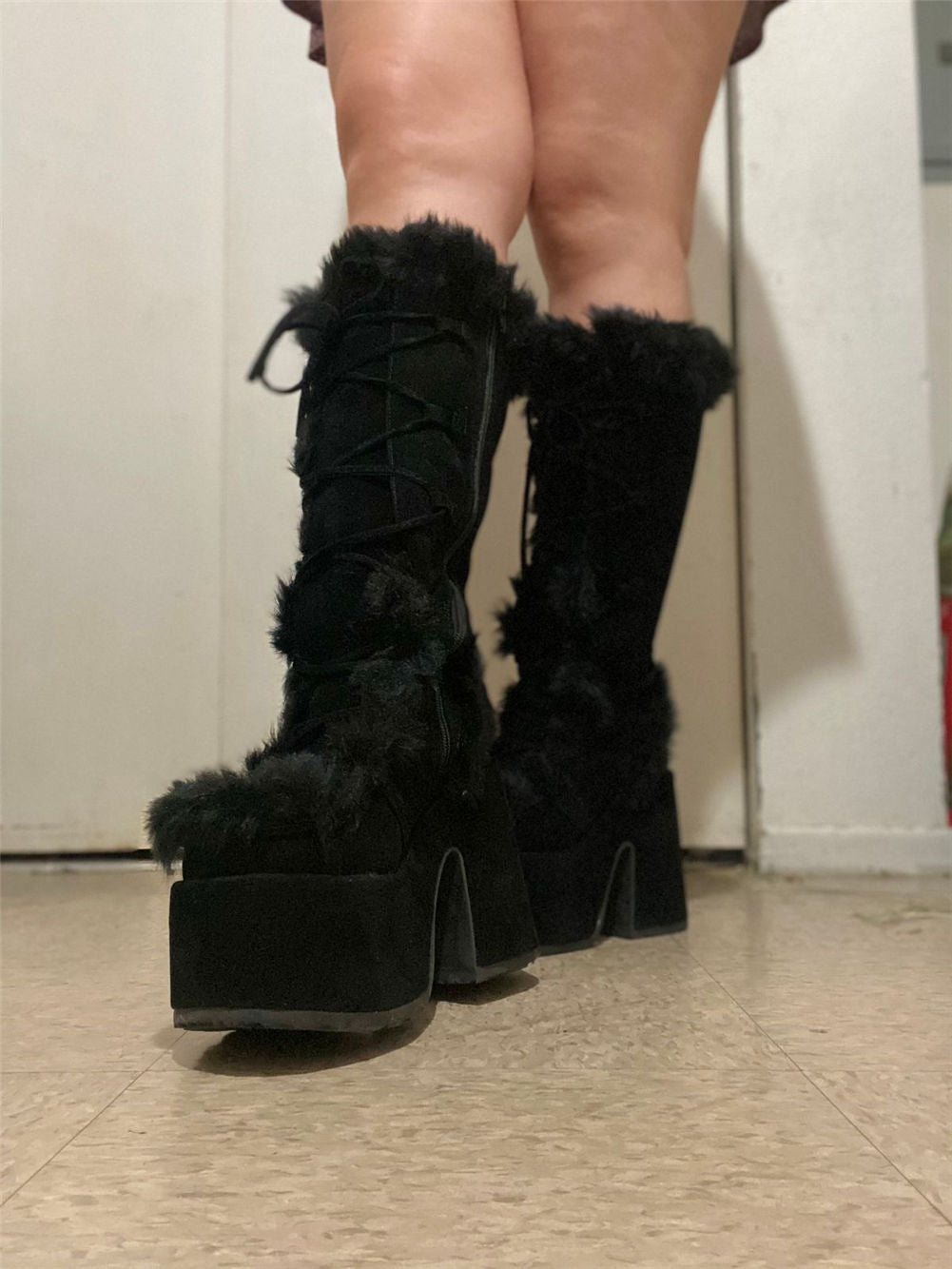 xakxx Winter Fur Big Size 43 Black Brwon Gothic Chunky Boots High Heel Chunky Heels Platform Keep Warm Boots Shoes Women