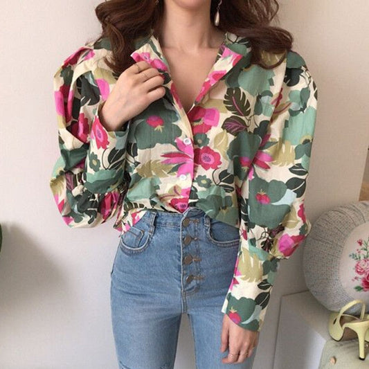 xakxx Autumn Lantern Sleeve Shirts Women Floral Blouse Long Sleeve Buttons Vintage Shirts Elegant Blouses Tops Female