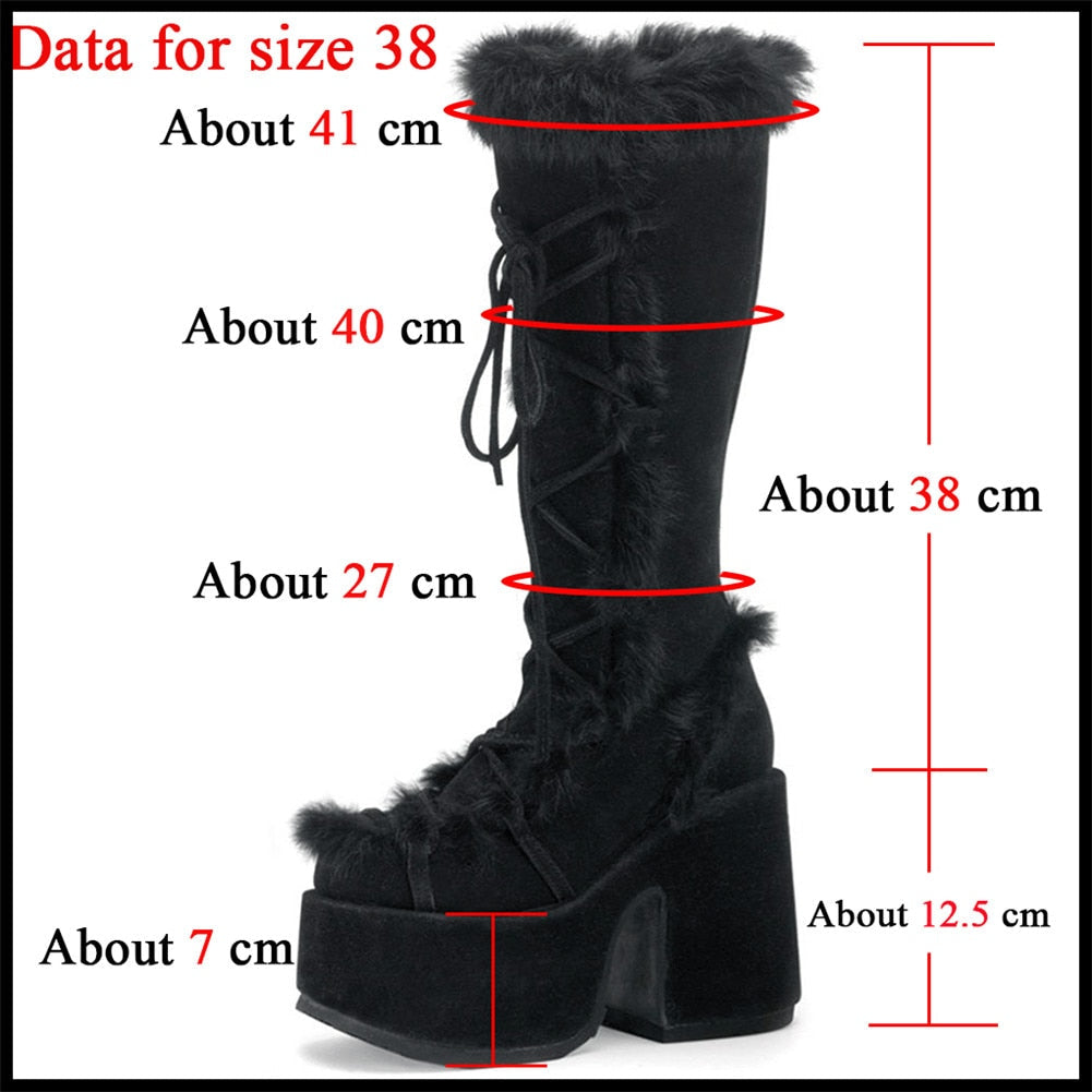 xakxx Winter Fur Big Size 43 Black Brwon Gothic Chunky Boots High Heel Chunky Heels Platform Keep Warm Boots Shoes Women