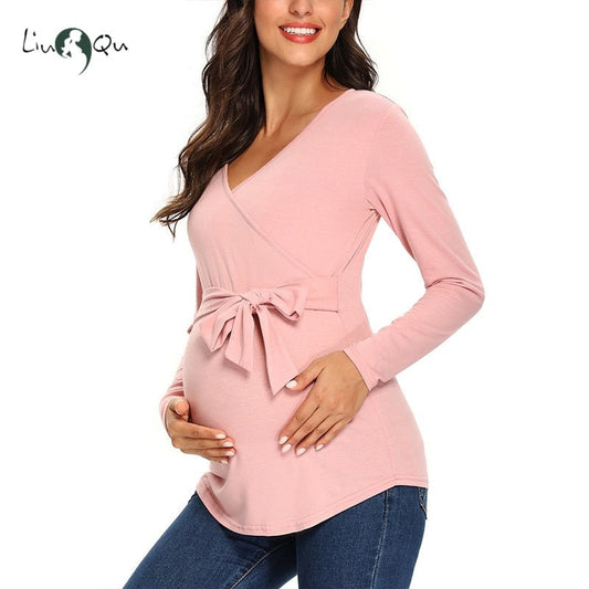 Women's Maternity Tops Long Sleeve Breastfeeding Tunic Blouses V Neck Casual Cute Comformation Pregnancy Blouse Shirts