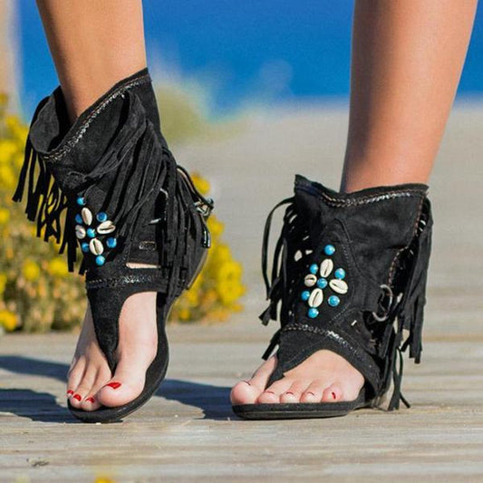 xakxx Women Retro Clip Toe Sandals Ladies Gladiator Vintage Boots Casual Tassel Rome Summer Beach Woman Shoes Female New