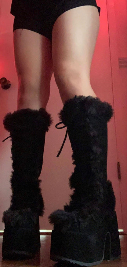 xakxx Winter Fur Big Size 43 Black Brwon Gothic Chunky Boots High Heel Chunky Heels Platform Keep Warm Boots Shoes Women