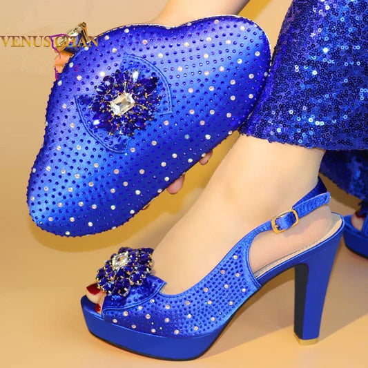 New Blue Color Italian Matching Shoes and Bag Sets African for Party In Women Slippers for Wedding Rhinestones and Diamonds