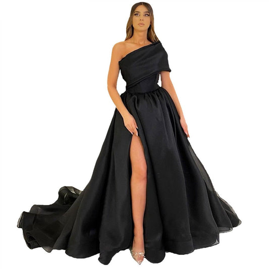 xakxx Graduation Prom Black One Shoulder Organza Evening Prom Dresses Sleeveless vestidos de fiesta Side Split Party Ball Gown